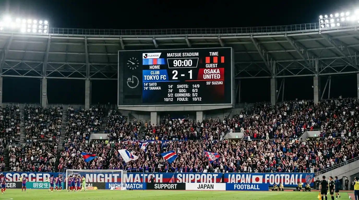 Marcador electrónico de un estadio japonés mostrando el resultado de un partido de la J1 League