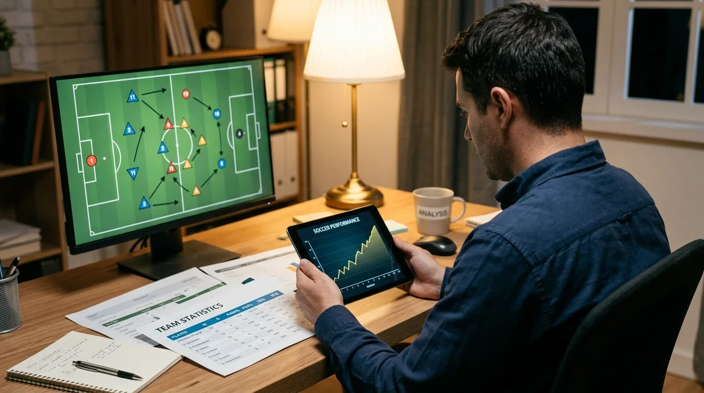 Persona analizando estadísticas de fútbol en una tablet con gráficos de rendimiento deportivo