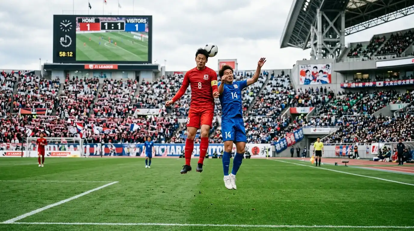 Jugadores de la J1 League disputando un balón durante un partido oficial en un estadio japonés